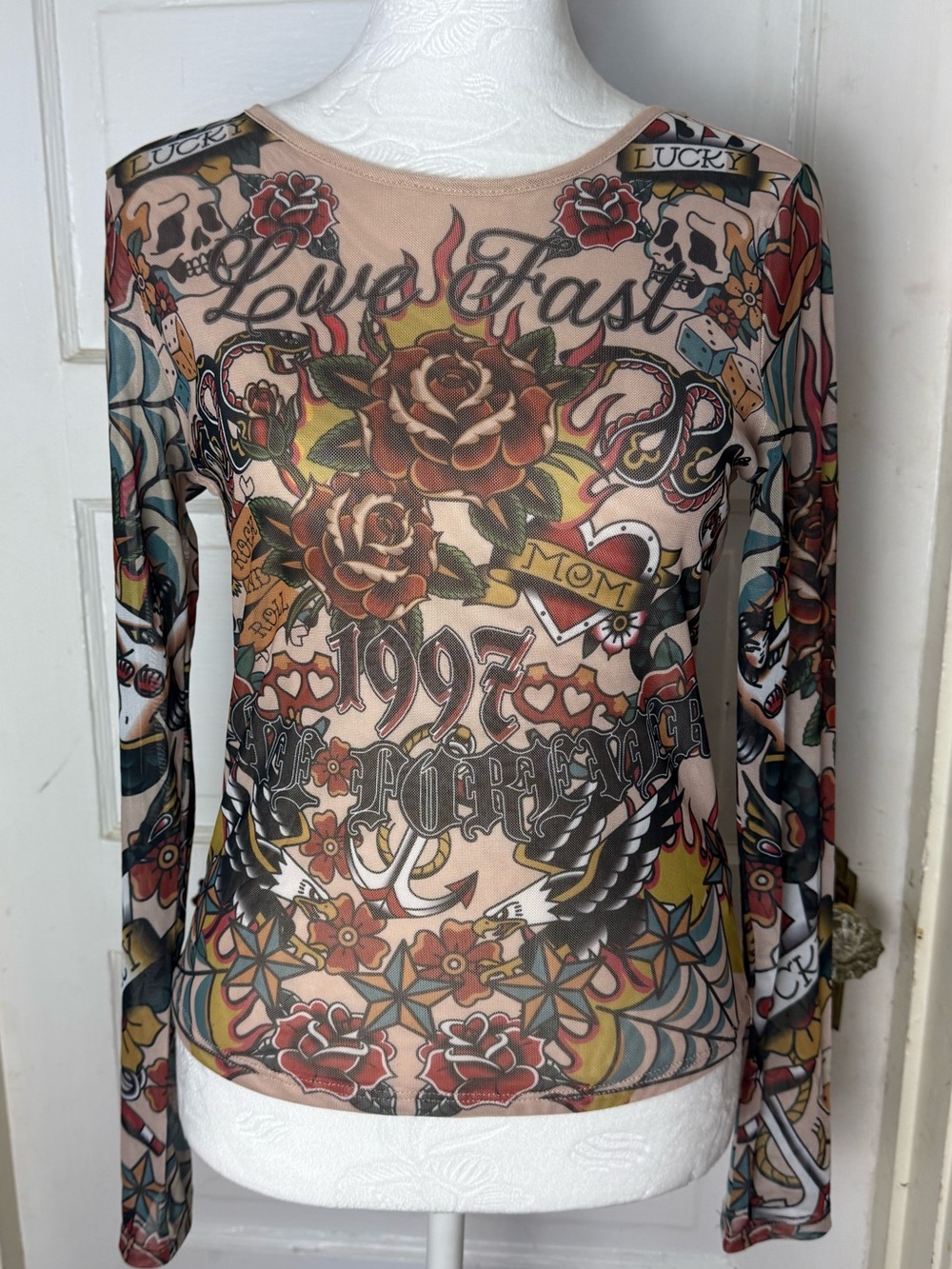 Y2K Style Madden Girl Tattoo Print Mesh Long Sleeve Top NWOT